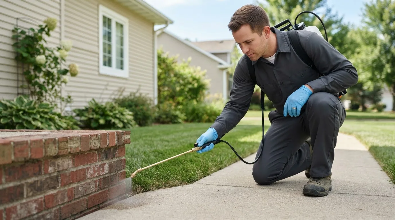 Pest control technician treating a home near Kettlersville, OH