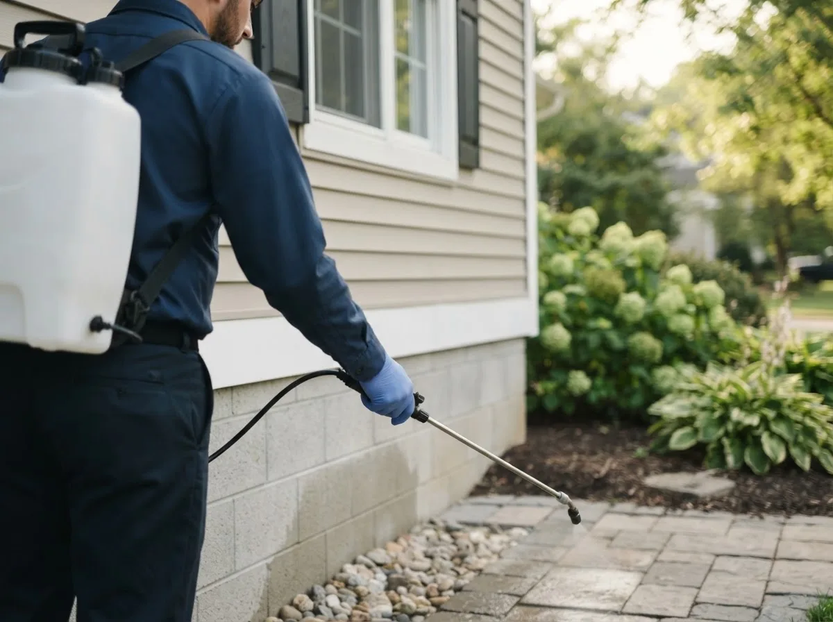Pest control technician inspecting a home in Kettlersville, OH